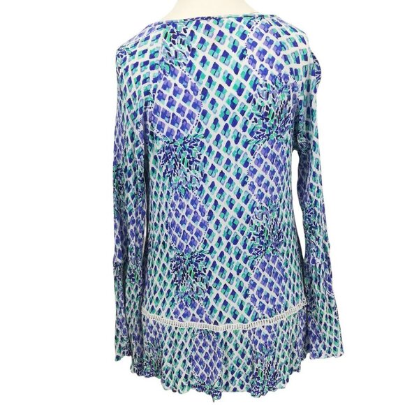 Lilly Pulitzer Amisa Top Size M Crochet Boho Bell Sleeves V-neck Tassel Blue - Picture 9 of 13